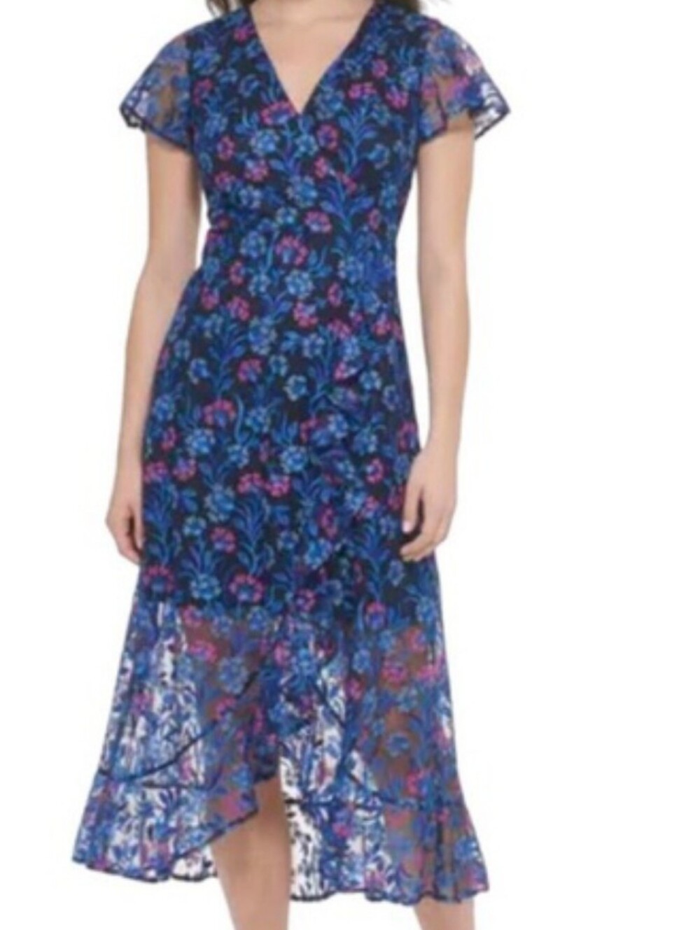 Kensie Blue And Pink Floral Ruffled Tiered Hi Low Dress